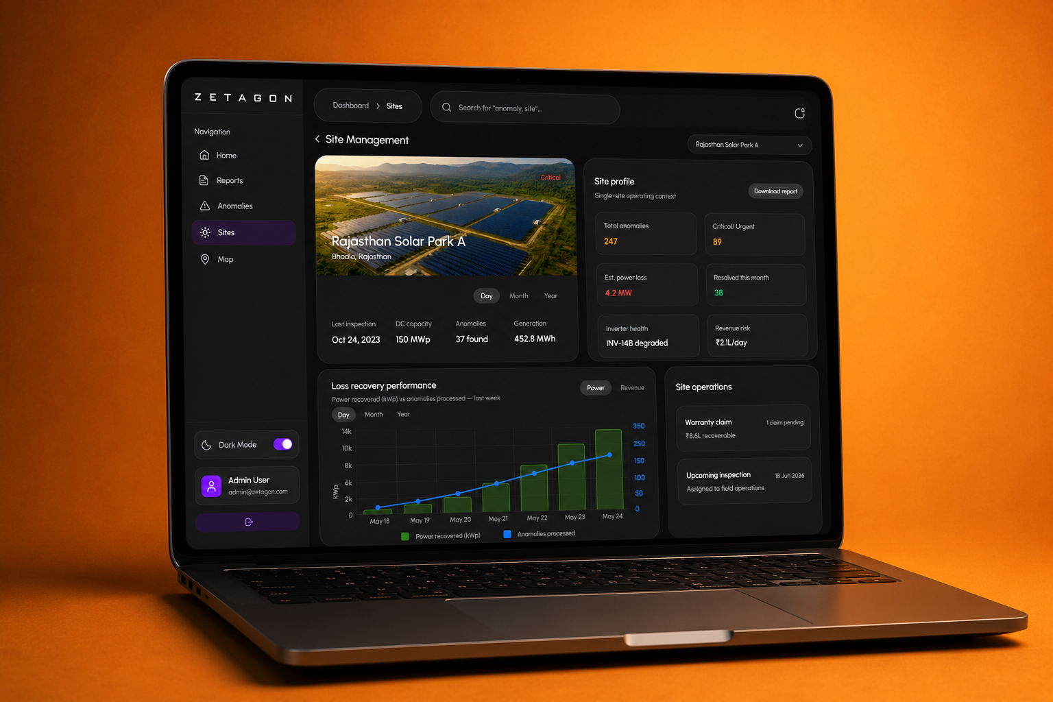 Zetagon asset detail view — telemetry, generation history, and real-time efficiency metrics